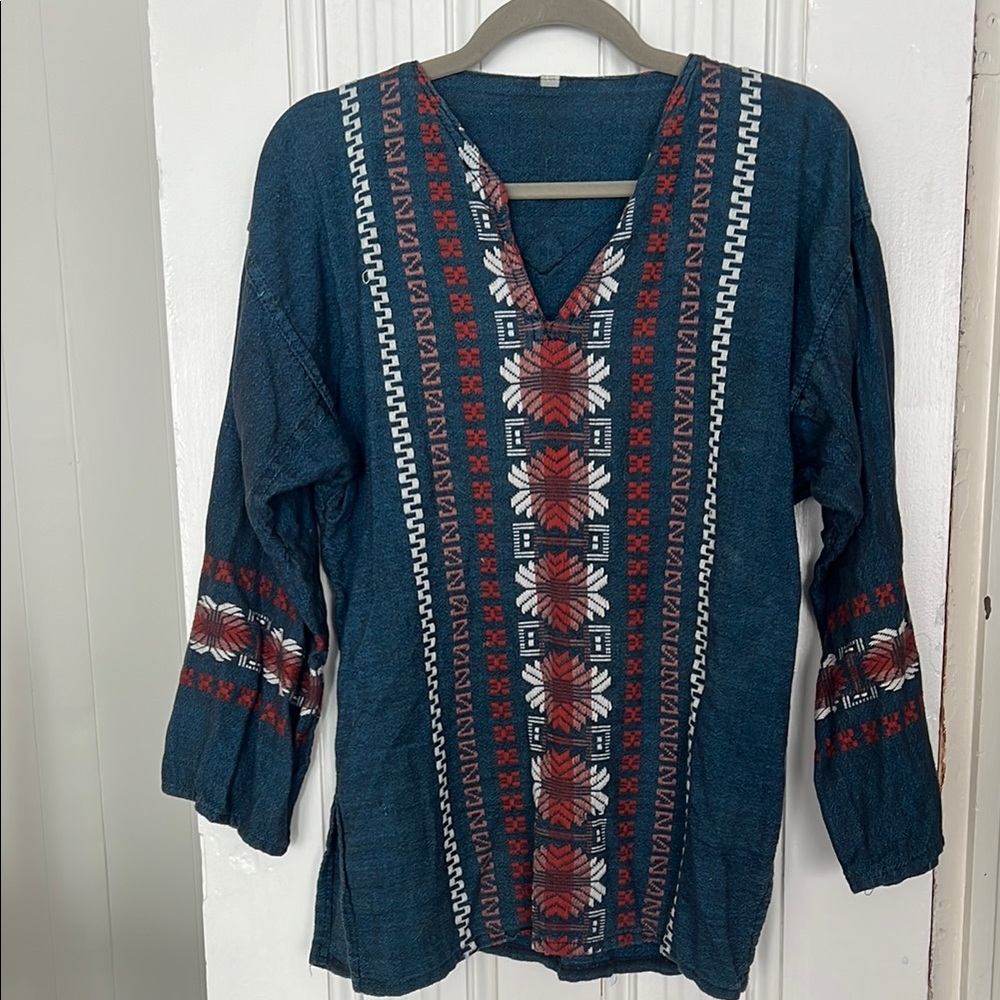 Bohemian Blue and Red Embroidered Tunic